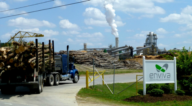 A logging truck loaded with freshly cut hardwoods enters the Enviva wood-pellet plant in Ahoskie, N.C. (Joby Warrick/The Washington Post)
