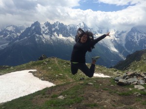Julianna jumping on a trail to Lac Blanc in Switzerland.