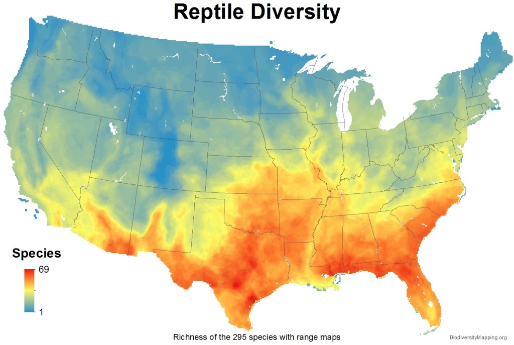 a heat map showing high biodiversity of reptiles in the US South