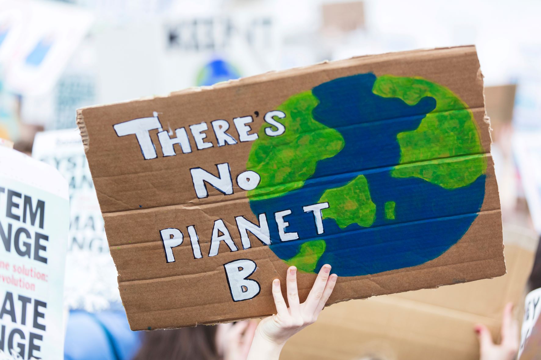 Grassroots-Climate-Action-cardboard-sign-with-a-drawing-of-earth-with-the-words-there's-no-planet-b